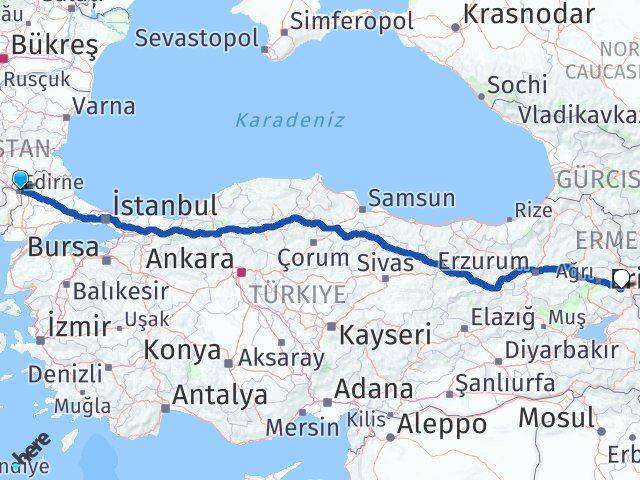 Edirne Diyadin Ağrı Arası Kaç Km - Yol Haritası