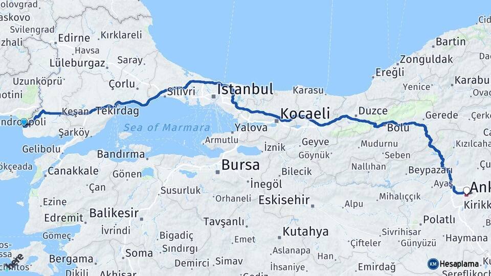 Edirne Enez Ankara Arası Kaç Km - Yol Haritası