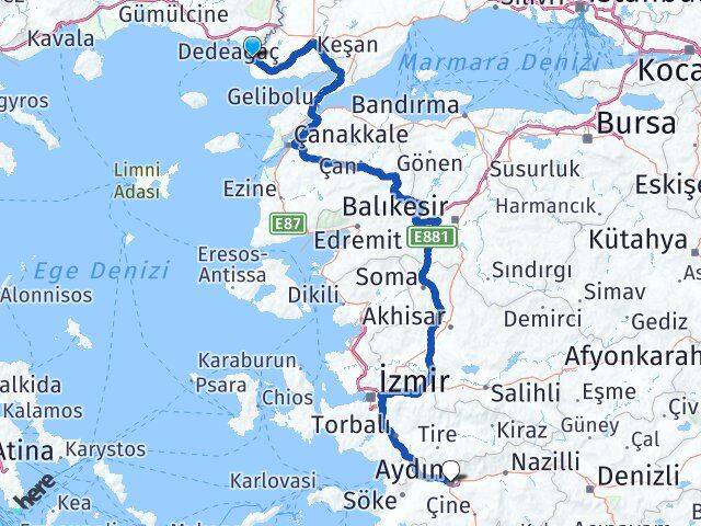 Edirne Enez Aydın Arası Kaç Km - Yol Haritası