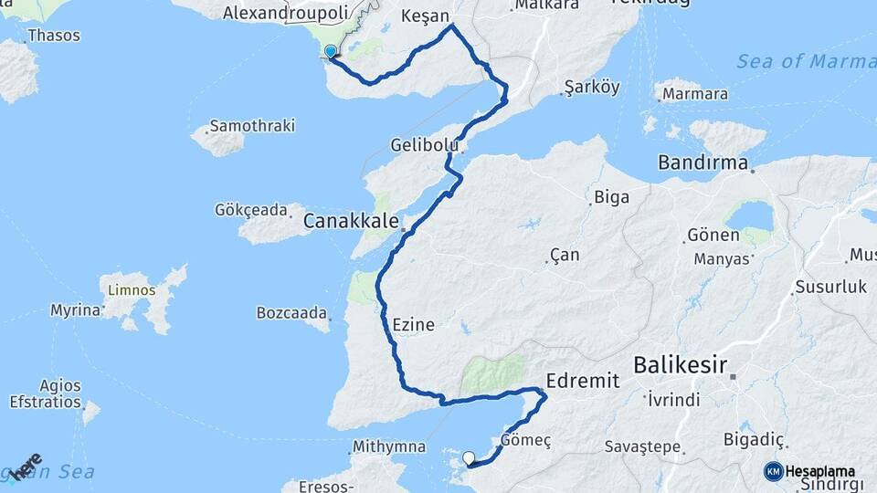 Edirne Enez Ayvalık Balıkesir Arası Kaç Km - Yol Haritası