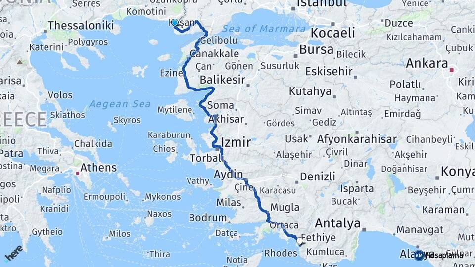 Edirne Enez Ölüdeniz Fethiye Muğla Arası Kaç Km - Yol Haritası