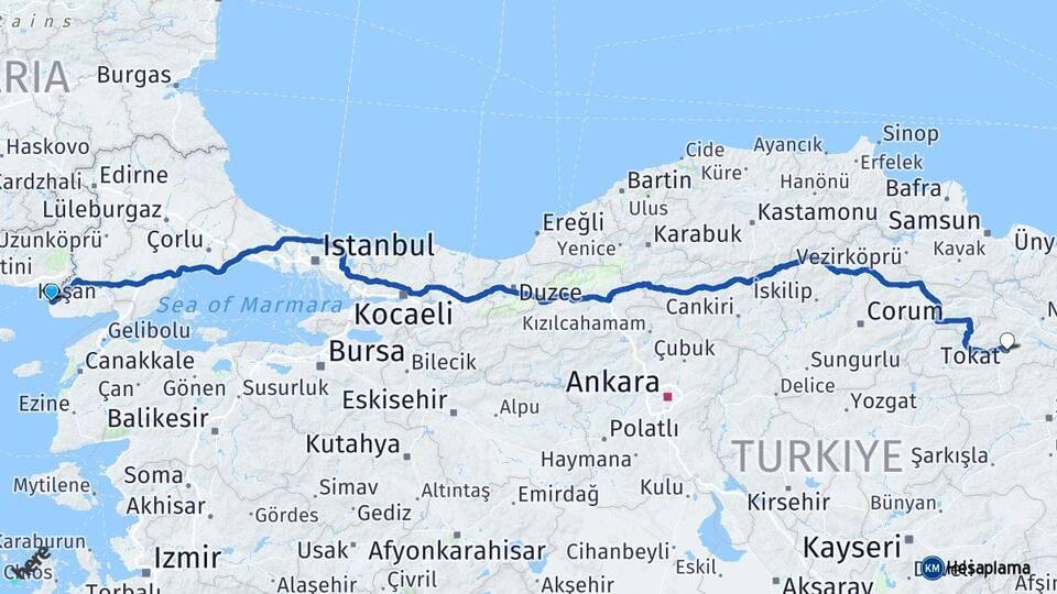 Edirne Enez Tokat Arası Kaç Km - Yol Haritası