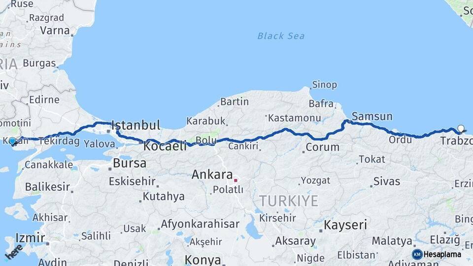 Edirne Enez Trabzon Arası Kaç Km - Yol Haritası