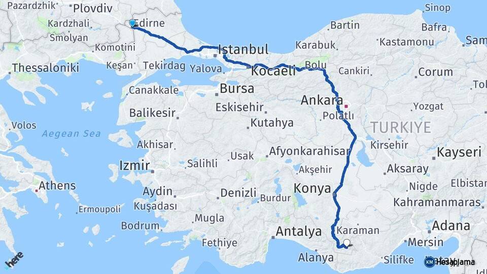 Edirne Ermenek Karaman Arası Kaç Km - Yol Haritası