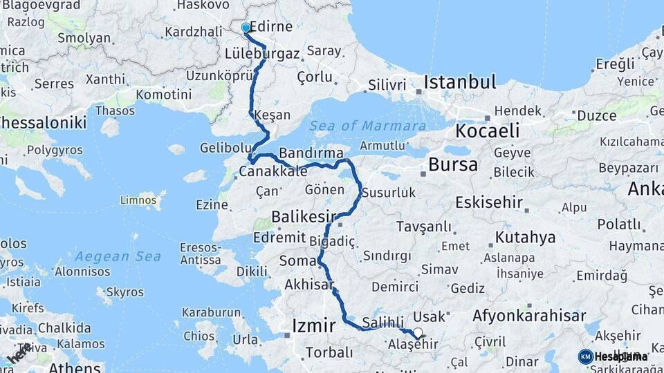 Edirne Eşme Uşak Arası Kaç Km - Yol Haritası