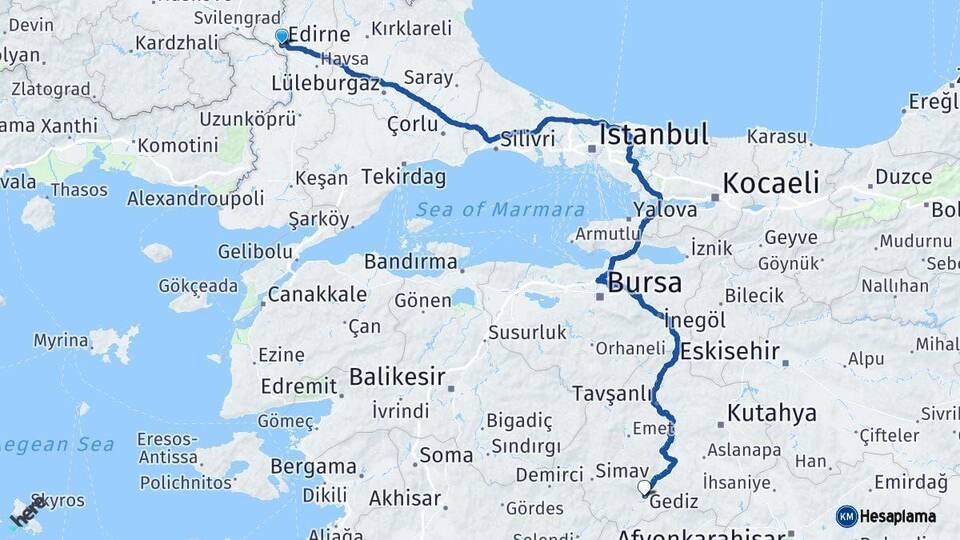 Edirne Gediz Kütahya Arası Kaç Km - Yol Haritası
