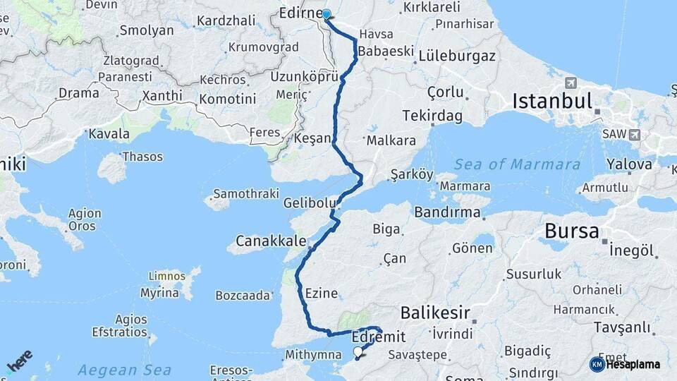 Edirne Gömeç Balıkesir Arası Kaç Km - Yol Haritası