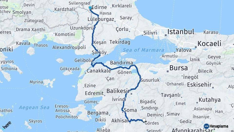 Edirne Gördes Manisa Arası Kaç Km - Yol Haritası