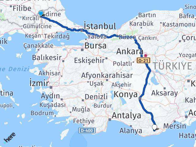 Edirne Gülnar Mersin Arası Kaç Km - Yol Haritası