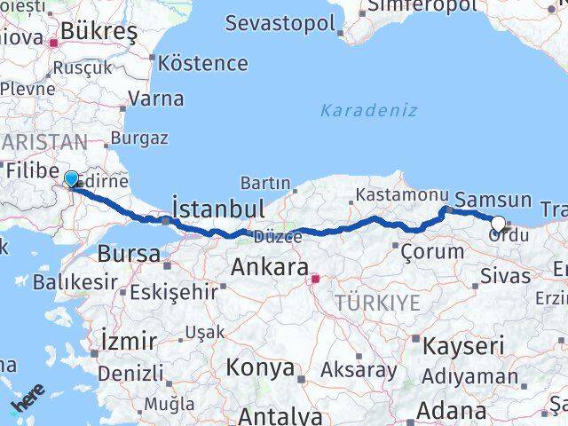 Edirne Gürgentepe Ordu Arası Kaç Km - Yol Haritası