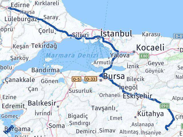 Edirne Han Eskişehir Arası Kaç Km - Yol Haritası