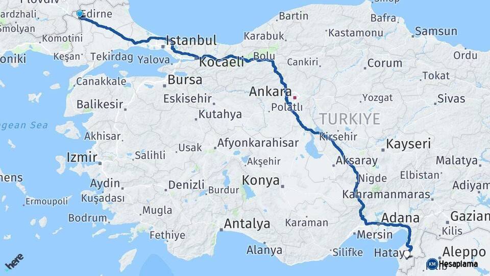 Edirne Hatay Arası Kaç Km - Yol Haritası