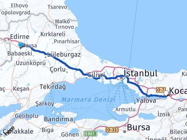 Edirne Havsa İzmit Kocaeli Arası Kaç Km - Yol Haritası