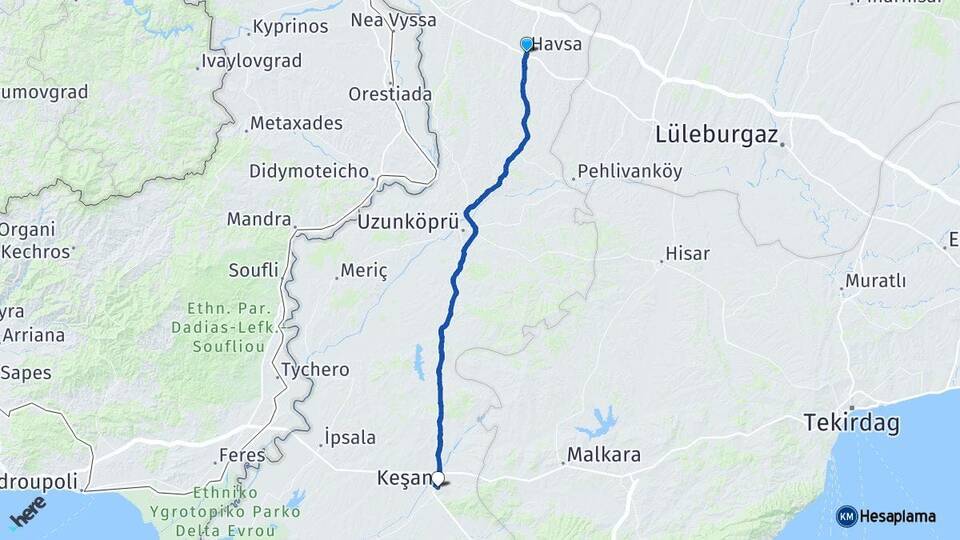 Edirne Havsa Keşan Arası Kaç Km - Yol Haritası