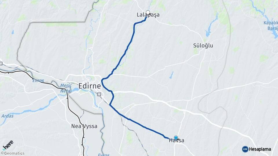 Edirne Havsa Lalapaşa Arası Kaç Km - Yol Haritası