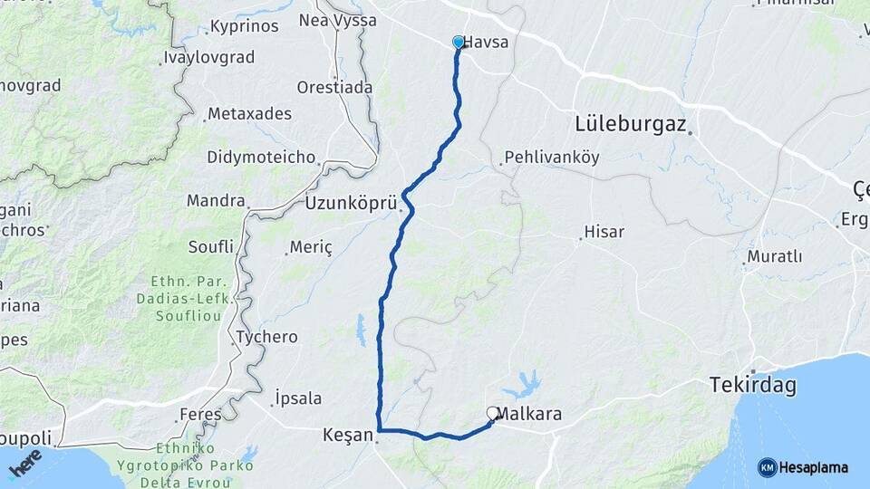 Edirne Havsa Malkara Tekirdağ Arası Kaç Km - Yol Haritası
