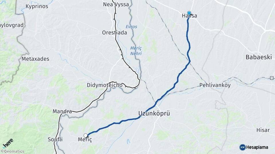 Edirne Havsa Meriç Arası Kaç Km - Yol Haritası