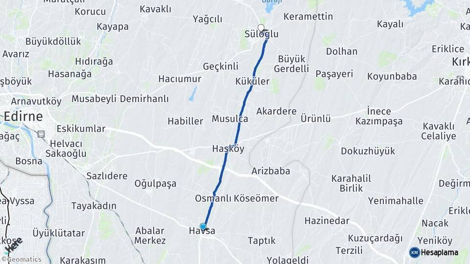Edirne Havsa Süloğlu Arası Kaç Km - Yol Haritası