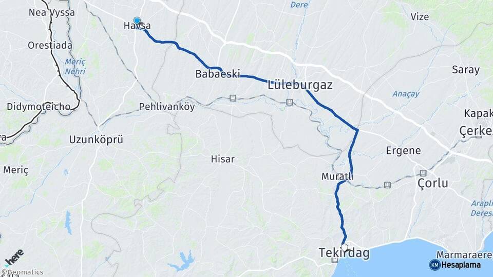 Edirne Havsa Tekirdağ Arası Kaç Km - Yol Haritası