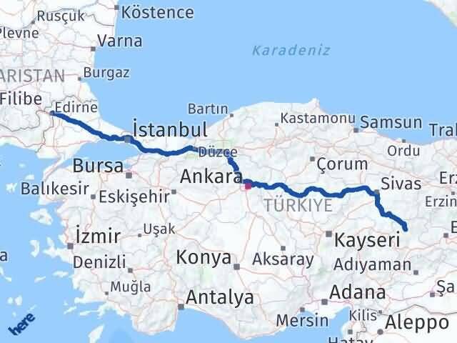 Edirne Hekimhan Malatya Arası Kaç Km - Yol Haritası