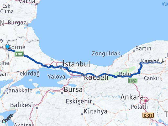 Edirne İhsangazi Kastamonu Arası Kaç Km - Yol Haritası