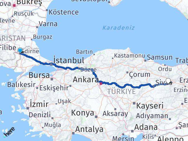 Edirne İmranlı Sivas Arası Kaç Km - Yol Haritası