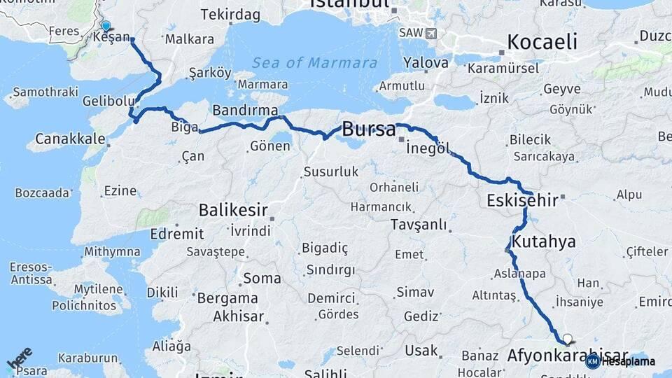 Edirne İpsala Afyonkarahisar Arası Kaç Km - Yol Haritası