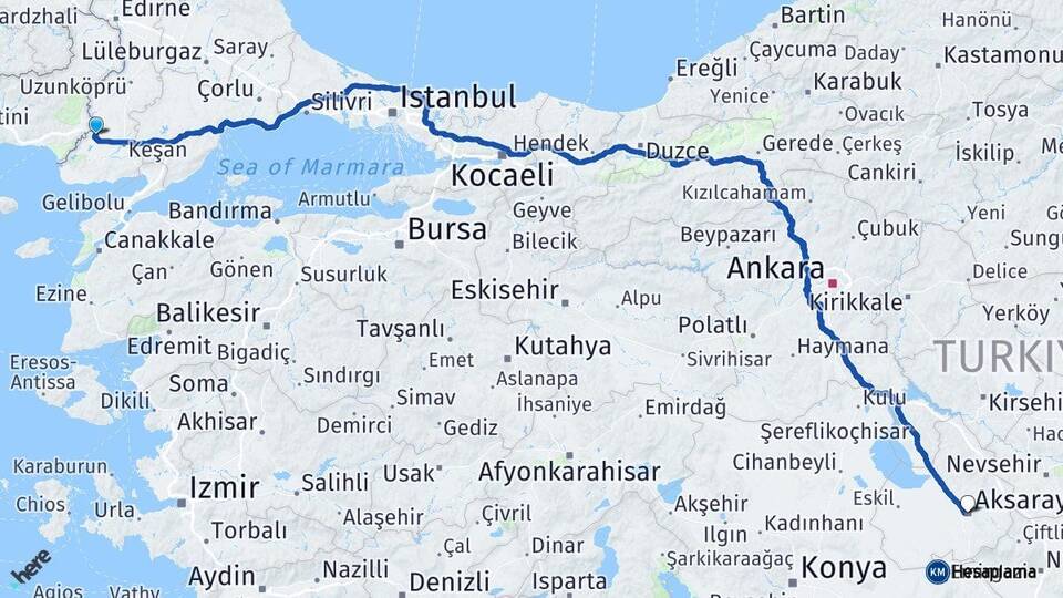 Edirne İpsala Aksaray Arası Kaç Km - Yol Haritası
