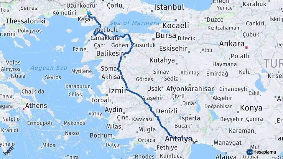 Edirne İpsala Antalya Arası Kaç Km - Yol Haritası