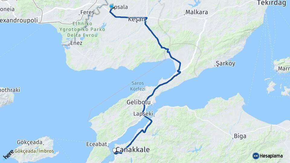 Edirne İpsala Çanakkale Arası Kaç Km - Yol Haritası