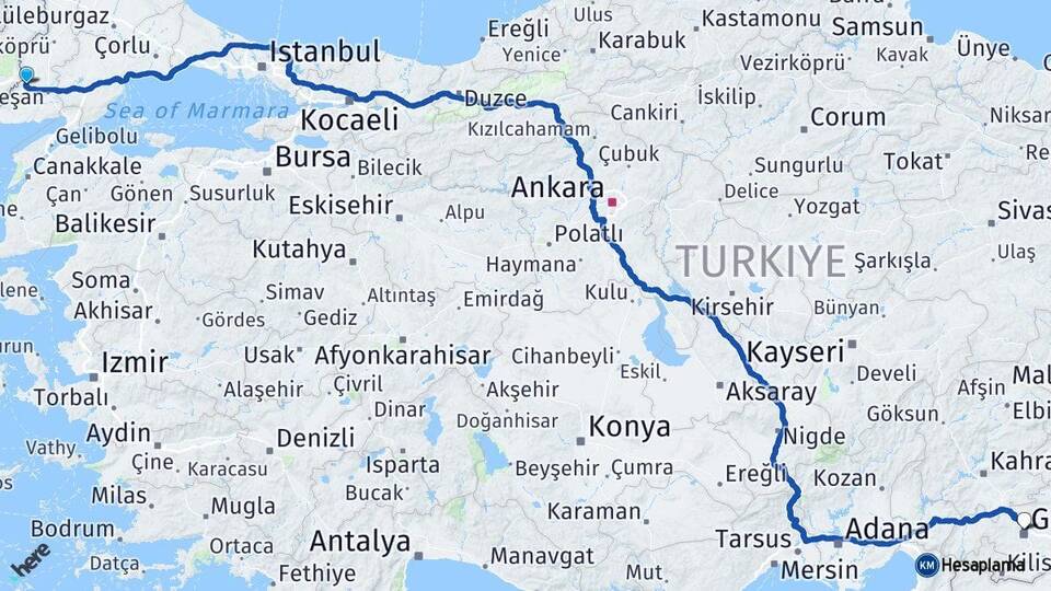 Edirne İpsala Gaziantep Arası Kaç Km - Yol Haritası