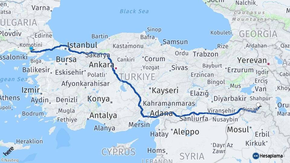 Edirne İpsala Hakkari Arası Kaç Km - Yol Haritası