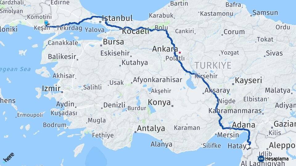 Edirne İpsala Hatay Arası Kaç Km - Yol Haritası