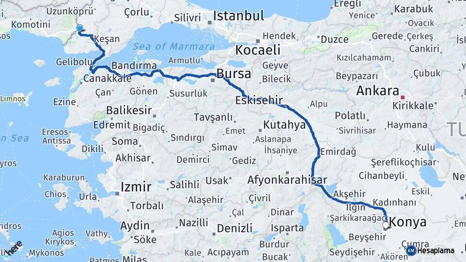 Edirne İpsala Konya Arası Kaç Km - Yol Haritası