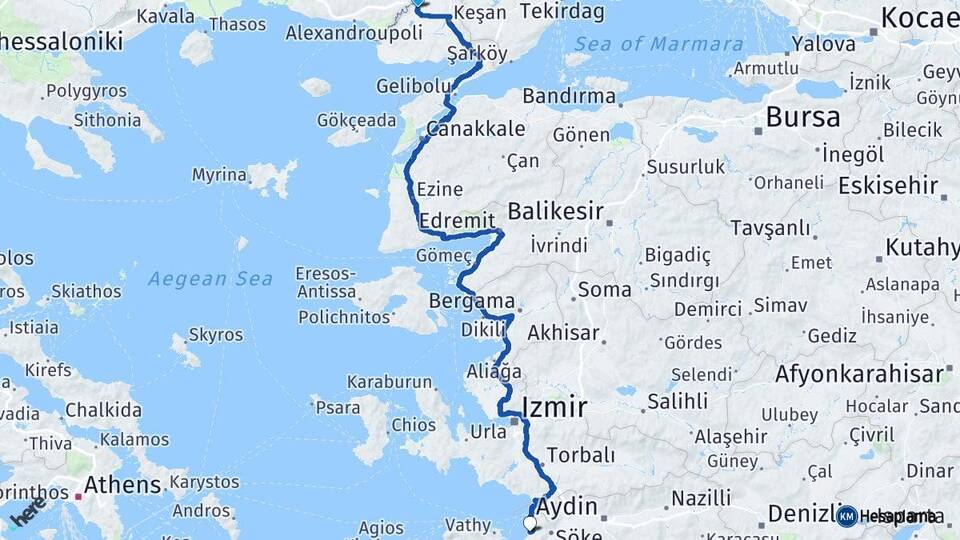Edirne İpsala Kuşadası Aydın Arası Kaç Km - Yol Haritası