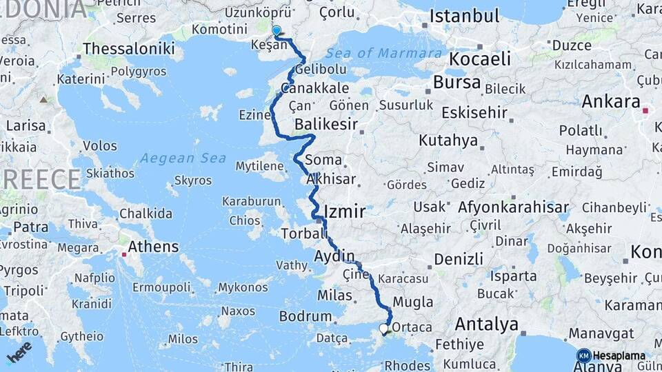 Edirne İpsala Marmaris Muğla Arası Kaç Km - Yol Haritası