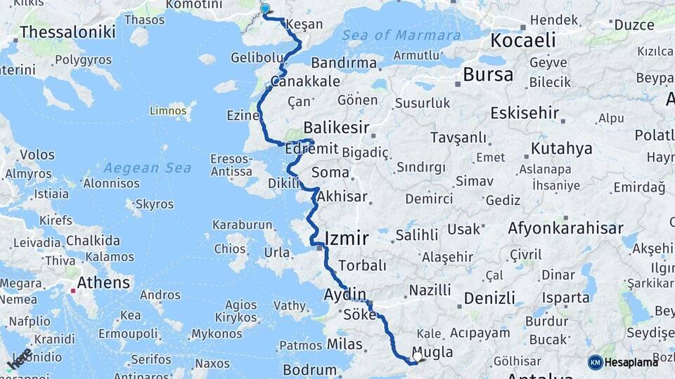 Edirne İpsala Muğla Arası Kaç Km - Yol Haritası