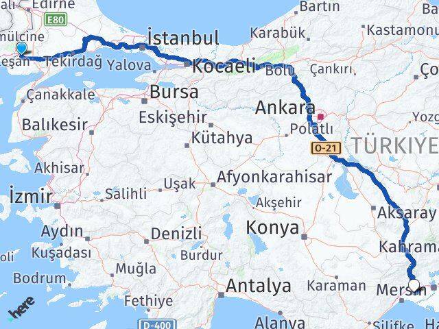 Edirne İpsala Tarsus Mersin Arası Kaç Km - Yol Haritası