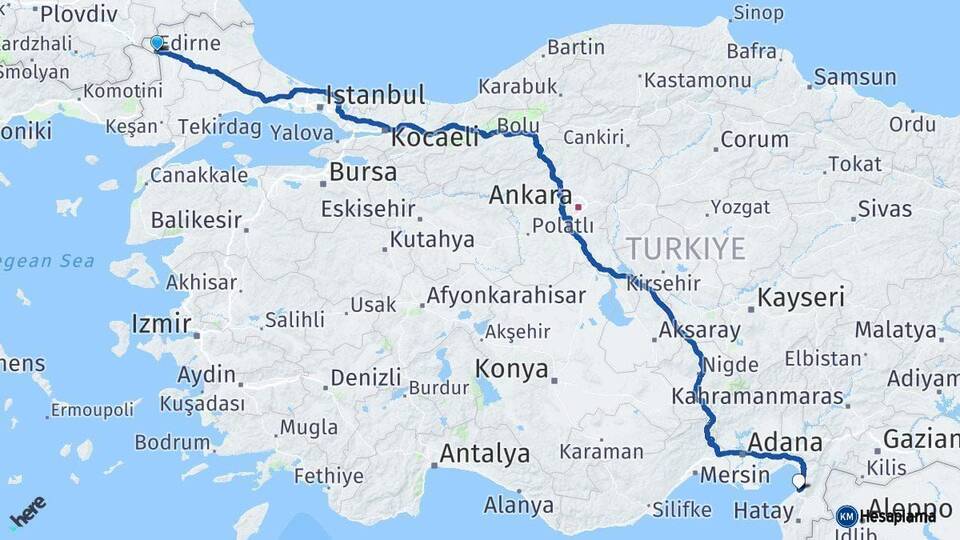 Edirne İskenderun Hatay Arası Kaç Km - Yol Haritası