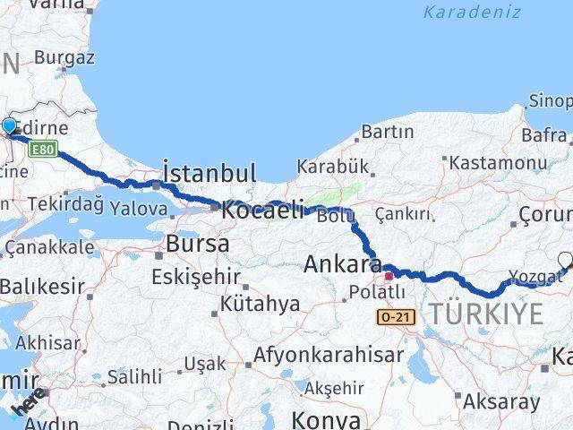 Edirne Kadışehri Yozgat Arası Kaç Km - Yol Haritası