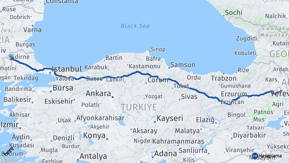 Edirne Kağızman Kars Arası Kaç Km - Yol Haritası