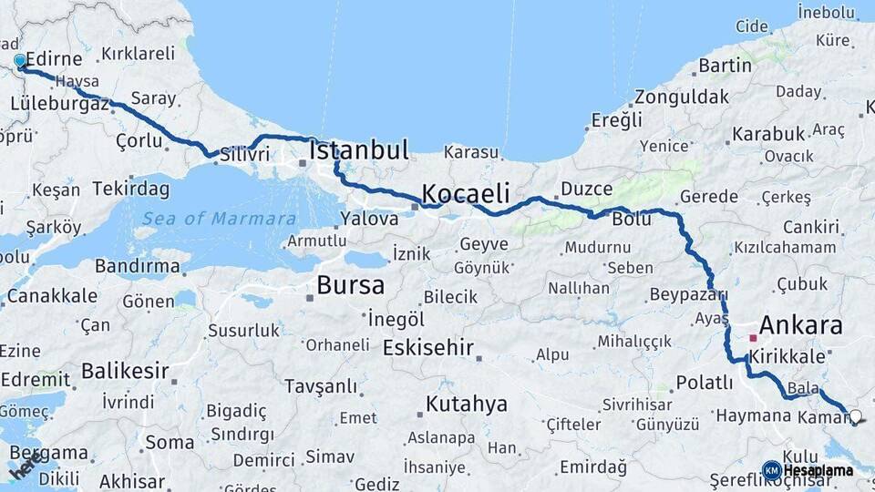 Edirne Kaman Kırşehir Arası Kaç Km - Yol Haritası