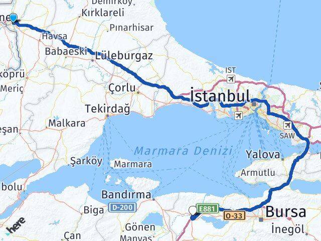 Edirne Karacabey Bursa Arası Kaç Km - Yol Haritası