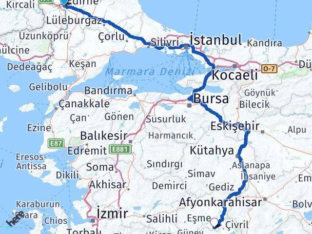 Edirne Karahallı Uşak Arası Kaç Km - Yol Haritası