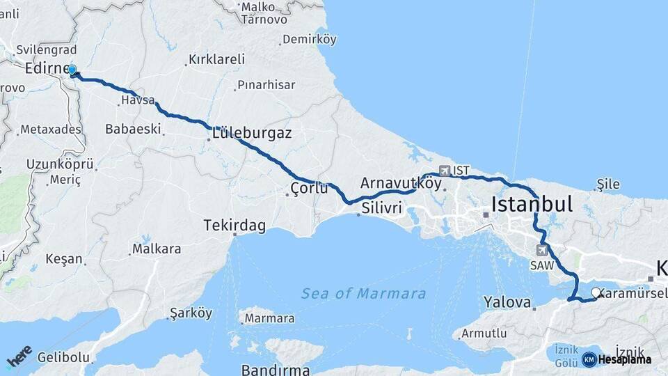 Edirne Karamürsel Kocaeli Arası Kaç Km - Yol Haritası