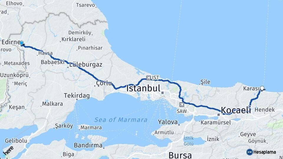 Edirne Karasu Sakarya Arası Kaç Km - Yol Haritası