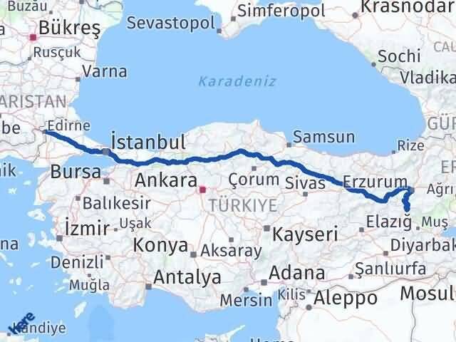 Edirne Karlıova Bingöl Arası Kaç Km - Yol Haritası