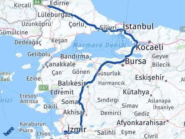 Edirne Karşıyaka İzmir Arası Kaç Km - Yol Haritası