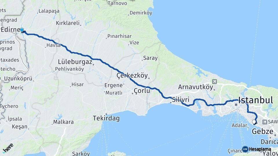 Edirne Kartal İstanbul Arası Kaç Km - Yol Haritası