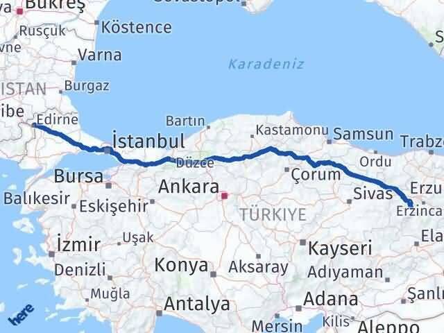 Edirne Kemah Erzincan Arası Kaç Km - Yol Haritası